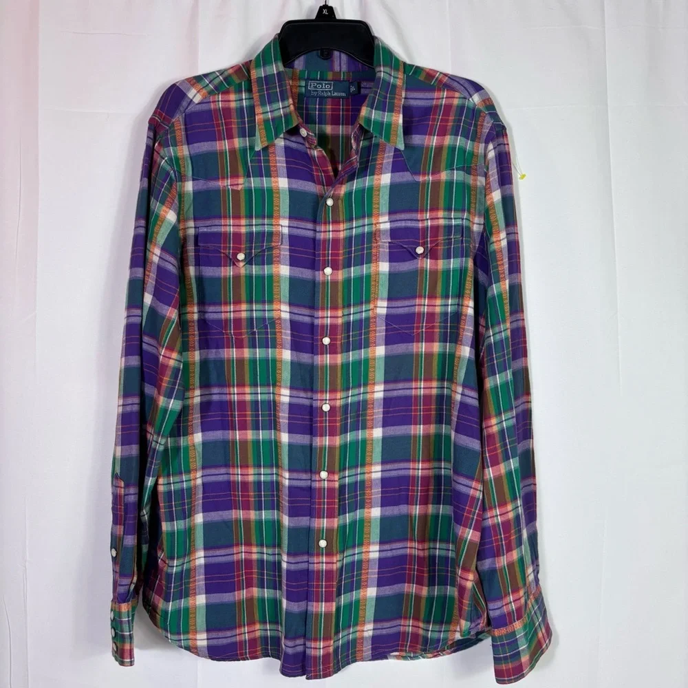 Vintage Polo Ralph Lauren Purple Plaid Pearl Snap Western Cowboy Shirt L Ranch